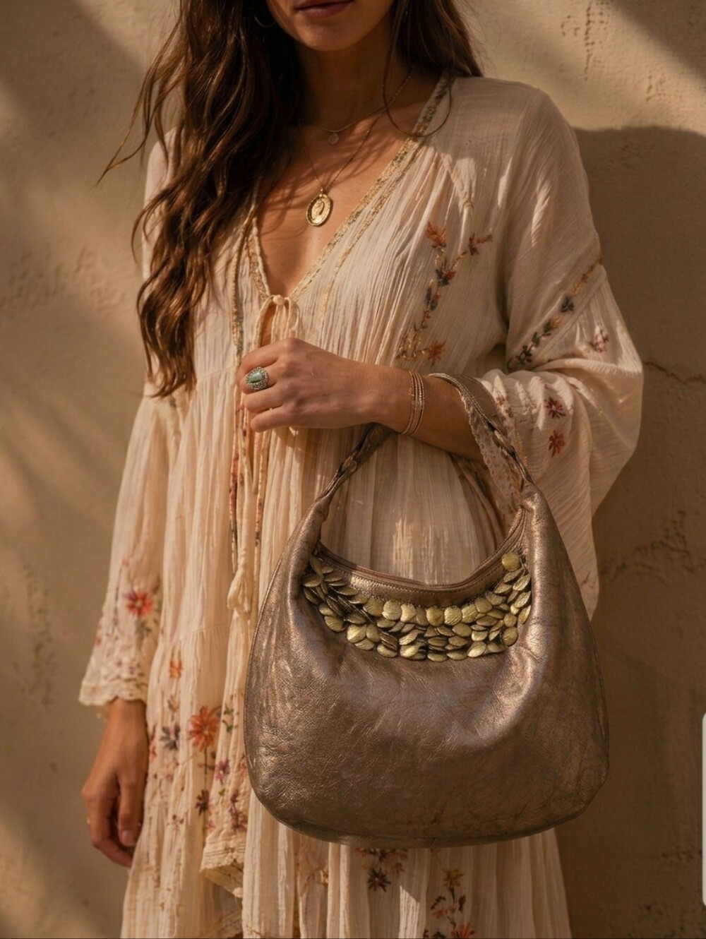 Franco Sarto Metallic Bronze Hobo Metal Coin Embellish Detail